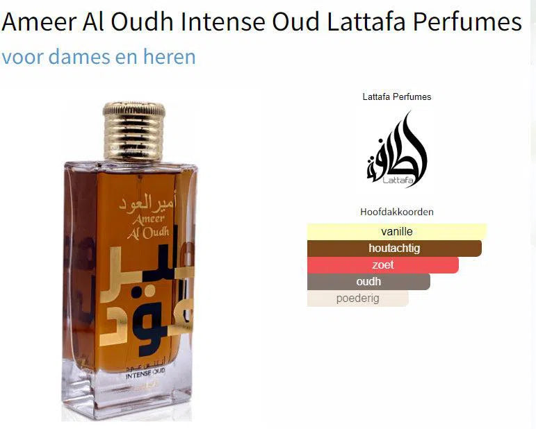 Fragrantica Parfum Tester Lattafa Lattafa Ameer Al Oudh Intense Oud Eau de Parfum voor Dames en Heren Eau de Parfum | Parfumstaaltjes