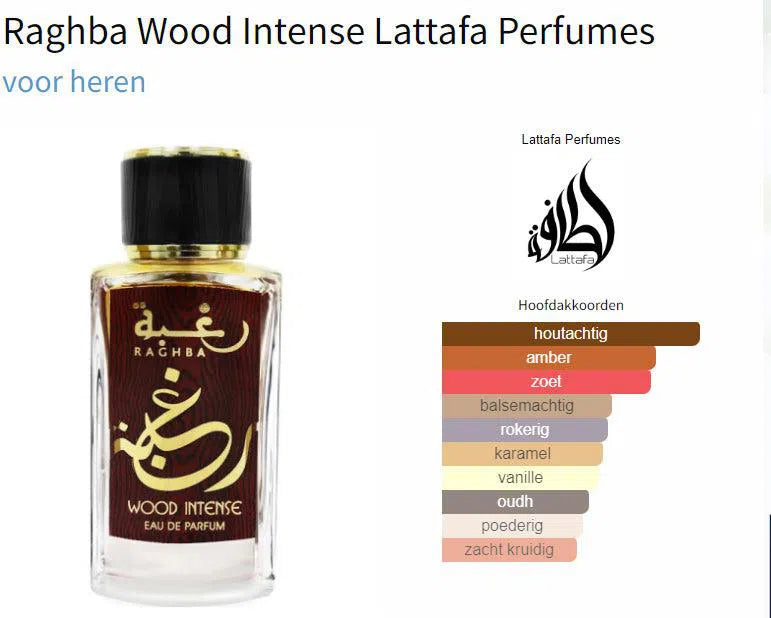 Fragrantica Parfum Tester Lattafa Lattafa Raghba Wood Intense Eau de Parfum voor Heren Eau de Parfum | Parfumstaaltjes