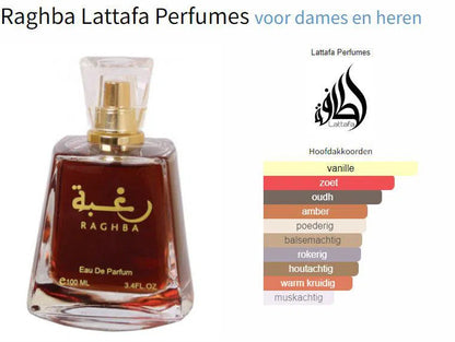 Fragrantica Parfum Tester Lattafa Lattafa Raghba Eau de Parfum voor Dames en Heren Eau de Parfum | Parfumstaaltjes