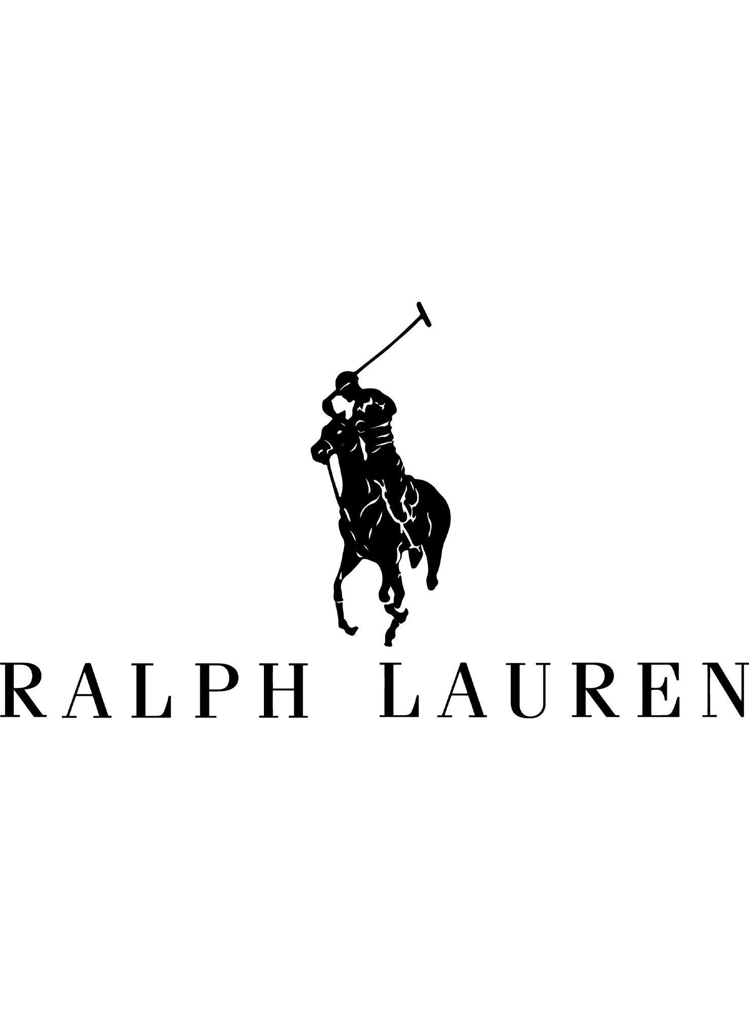 Het logo van "Ralph Lauren" Parfums in sierlijke zwarte letters met een polospeler op een paard op een helderwitte achtergrond, die doet denken aan de elegante eenvoud van een parfumsample.