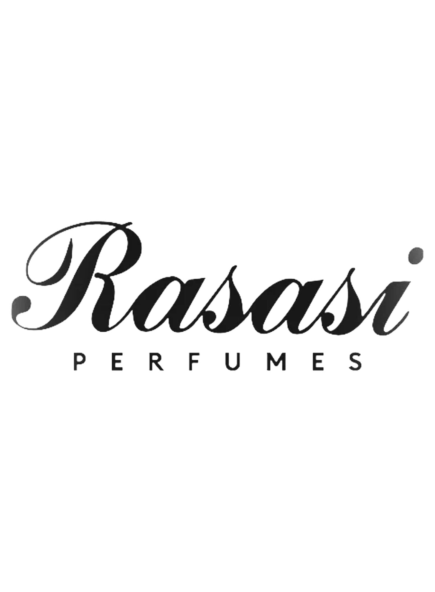 Het logo van "Rasasi" Parfums in sierlijke zwarte letters op een helderwitte achtergrond, die doet denken aan de elegante eenvoud van een parfumsample.