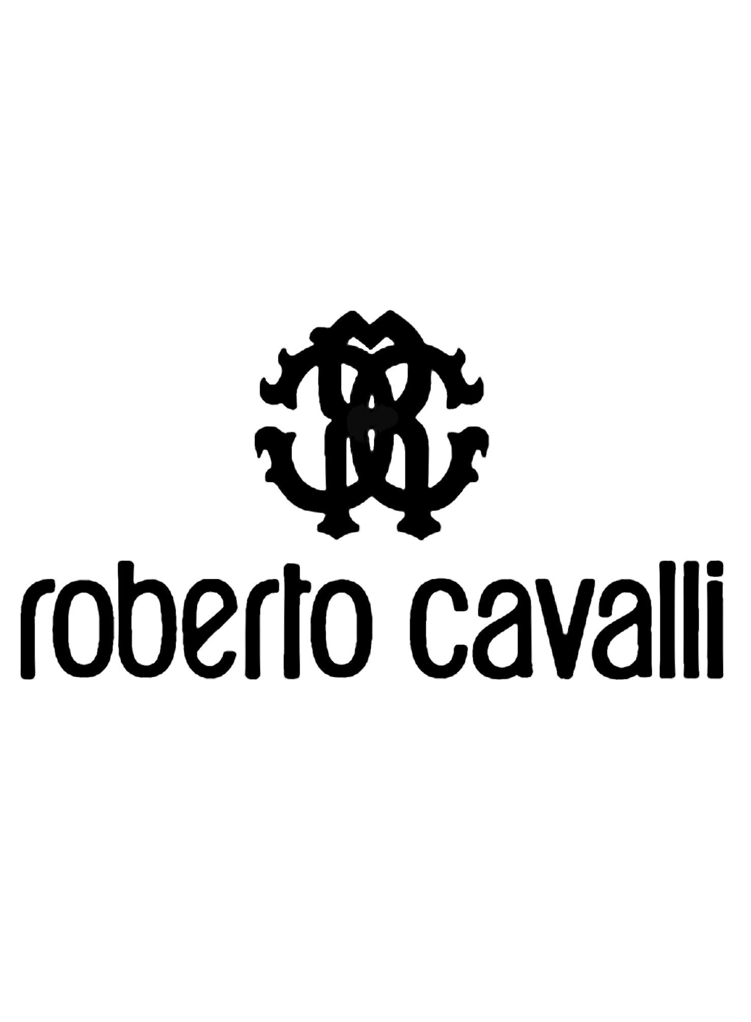 Het logo van "Roberto Cavalli" Parfums in sierlijke zwarte letters op een helderwitte achtergrond, die doet denken aan de elegante eenvoud van een parfumsample.