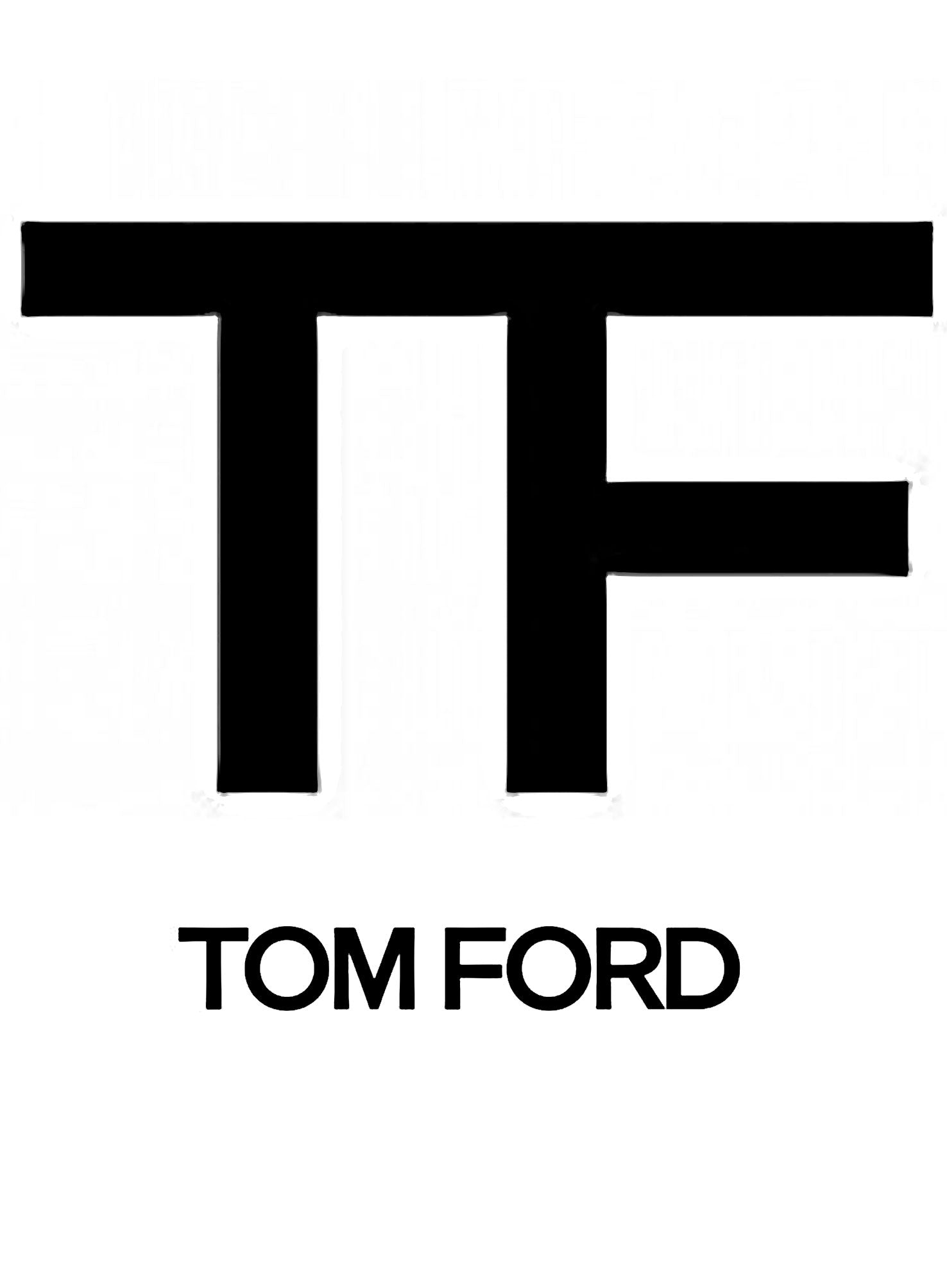 Het logo van "Tom Forda" Parfums in sierlijke zwarte letters op een helderwitte achtergrond, die doet denken aan de elegante eenvoud van een parfumsample.