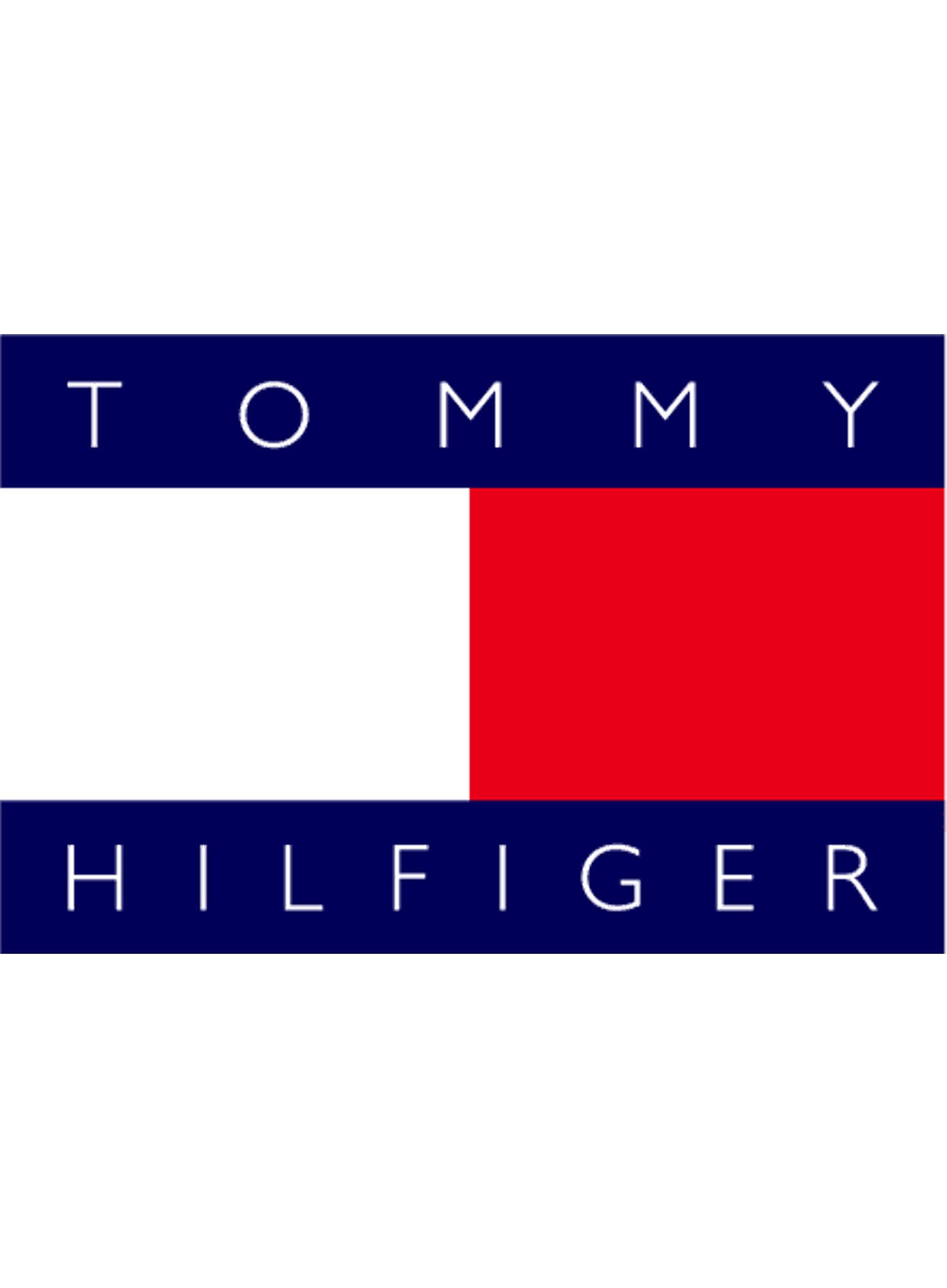 Het logo van "Tommy Hilfiger" Parfums in sierlijke witte letters op een helderwit /rode achtergrond, die doet denken aan de elegante eenvoud van een parfumsample.