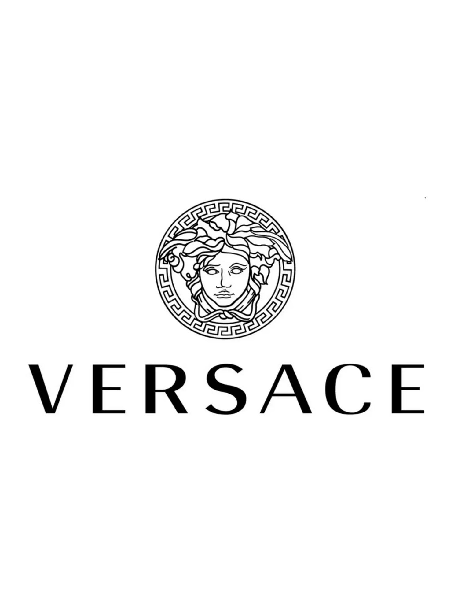 Het logo van "Versace" Parfums in sierlijke zwarte letters op een helderwitte achtergrond, die doet denken aan de elegante eenvoud van een parfumsample.