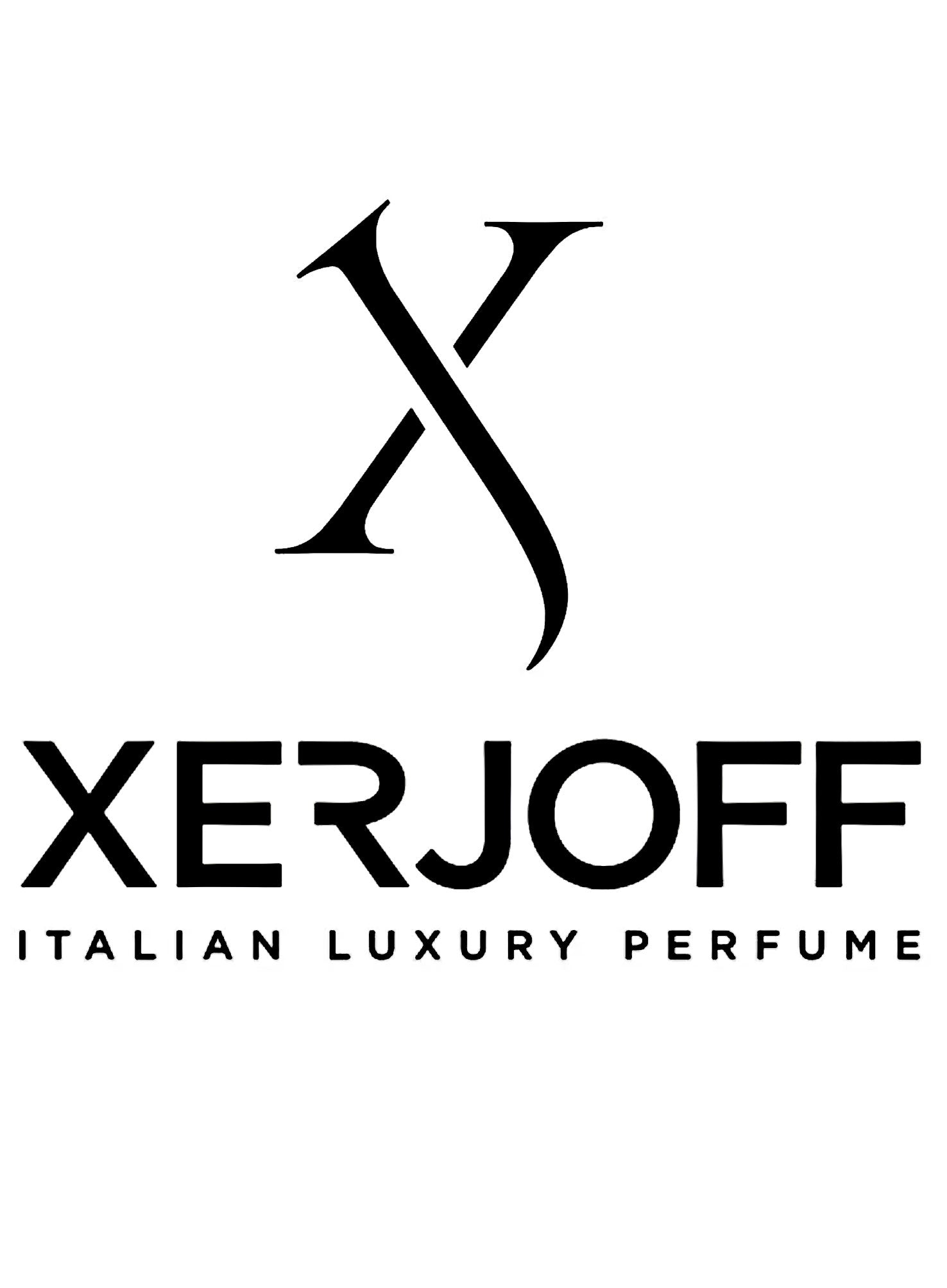 Het logo van "Xerjoff" Parfums in sierlijke zwarte letters op een helderwitte achtergrond, die doet denken aan de elegante eenvoud van een parfumsample.