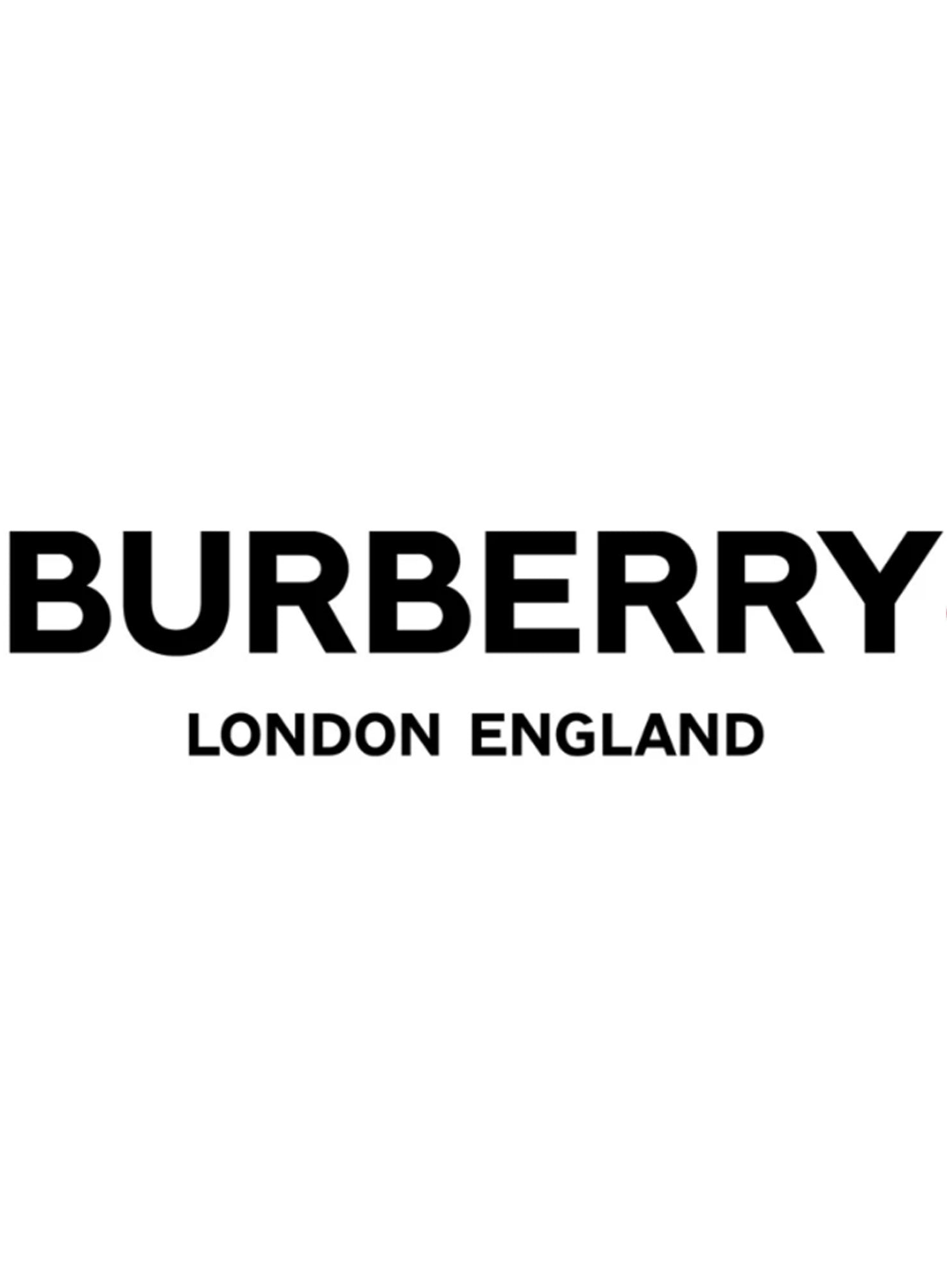 Het logo van “Burberry" Parfums in een zwarte hoofdletters met “London England” eronder op een helderwitte achtergrond, die doet denken aan de elegante eenvoud van een parfumtester.