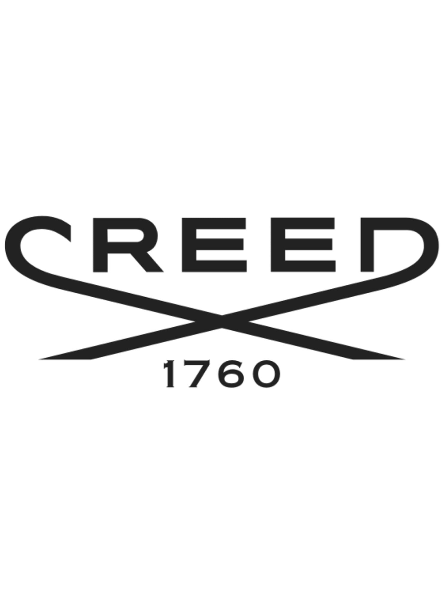 Het logo van “Creed" Parfums in zwarte Hoofdletters  en 2 zwaarden “1760”, op een helderwitte achtergrond, die doet denken aan de elegante eenvoud van een parfumtester.