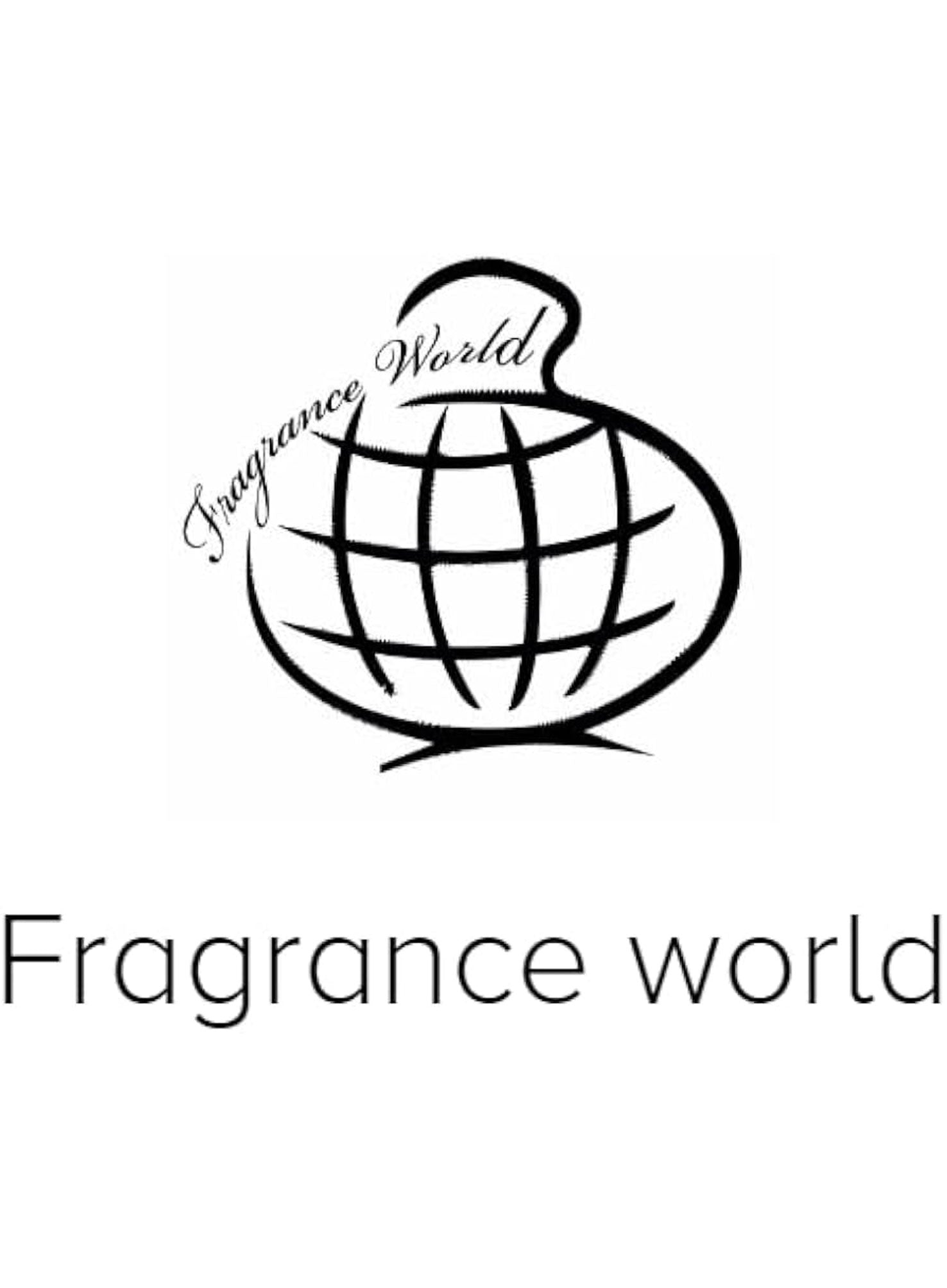 Het logo van " Fragrance World" Parfums in sierlijke hoofdletters met een wereldbol in de vorm van een parfumflesje erboven op een helderwitte achtergrond, die doet denken aan de elegante eenvoud van een parfumsample.