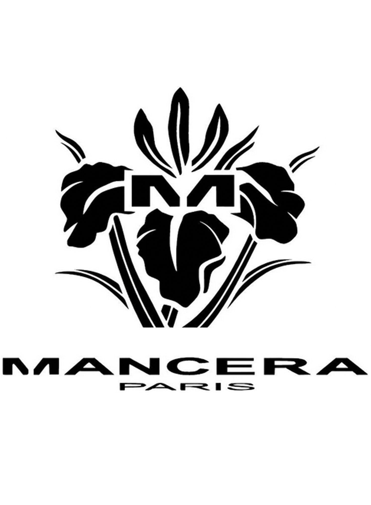 Het logo bevat "Mancera" in opvallende blauwe hoofdletters en een Lelie  op een helderwitte achtergrond, die doet denken aan de elegante eenvoud van een parfumsample.