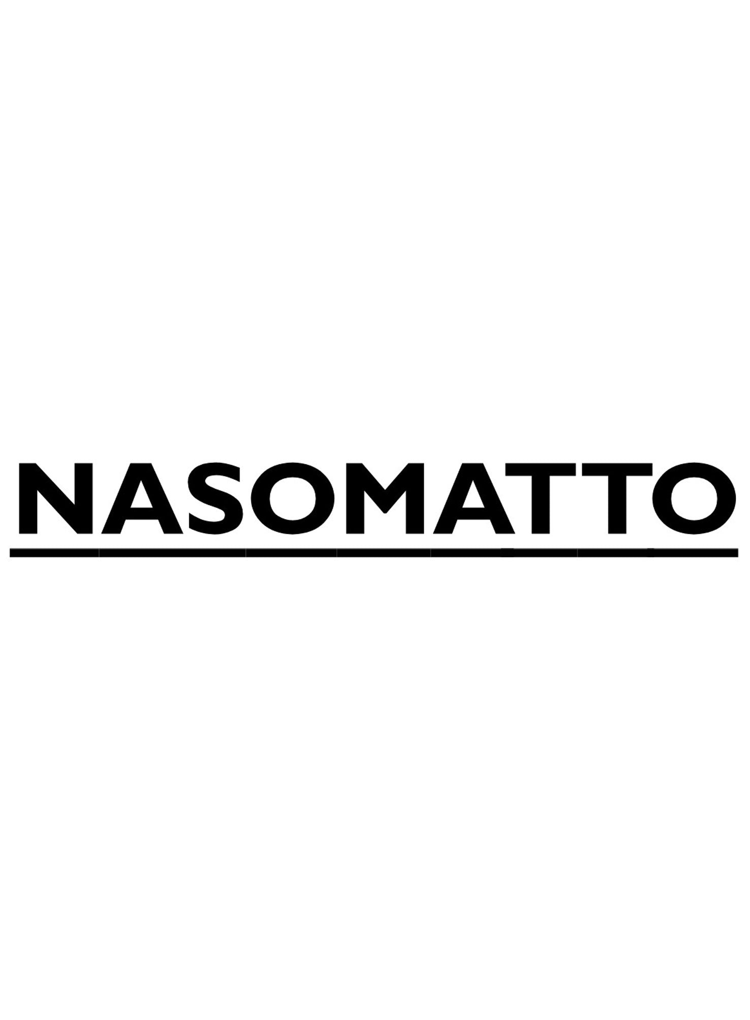 Het logo bevat "Nasomatto" in opvallende zwarte hoofdletters op een helderwitte achtergrond, die doet denken aan de elegante eenvoud van een parfumsample.