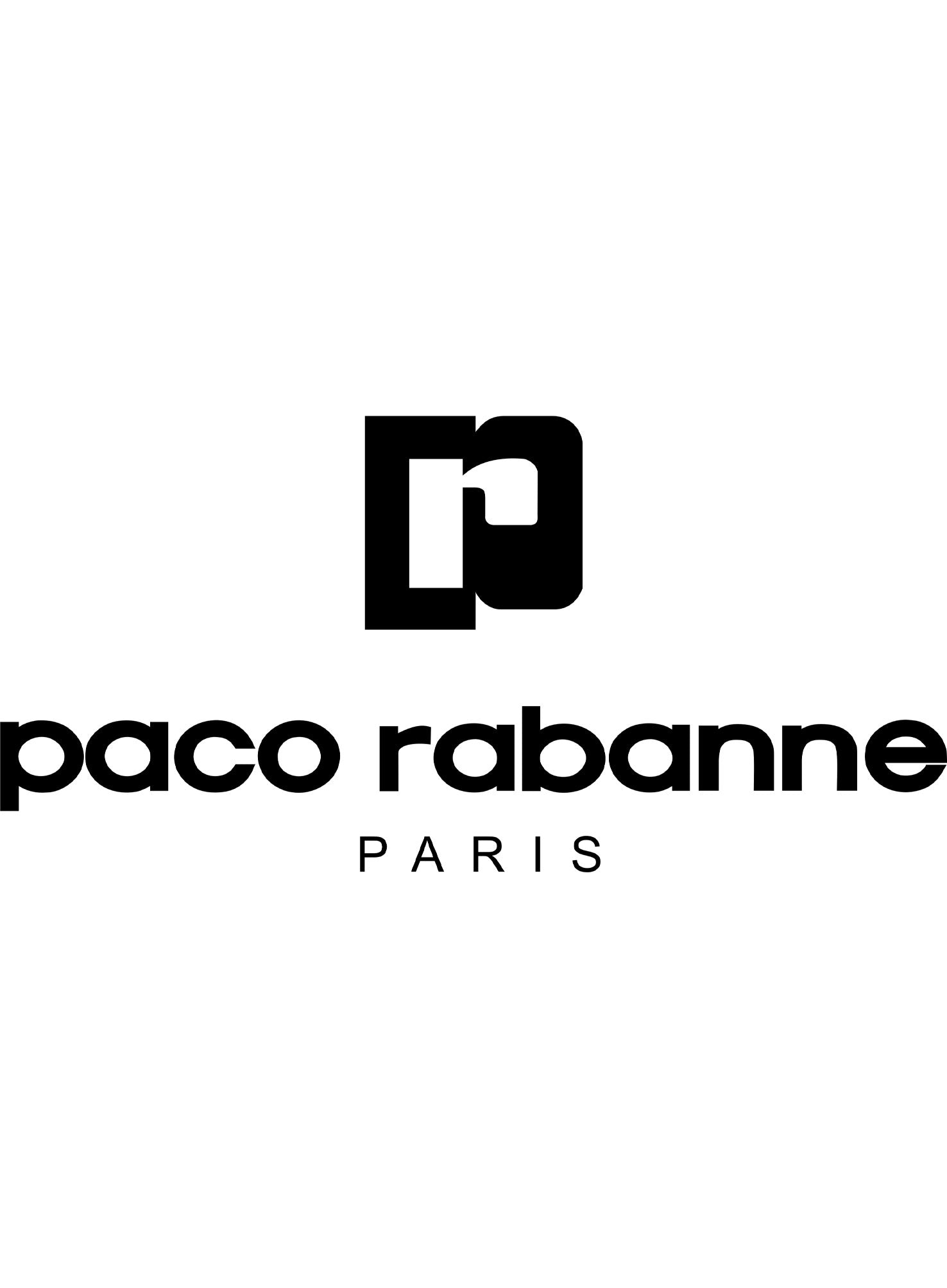 Het logo bevat "Paco Rabanne" in opvallende zwarte hoofdletters op een helderwitte achtergrond, die doet denken aan de elegante eenvoud van een parfumsample.