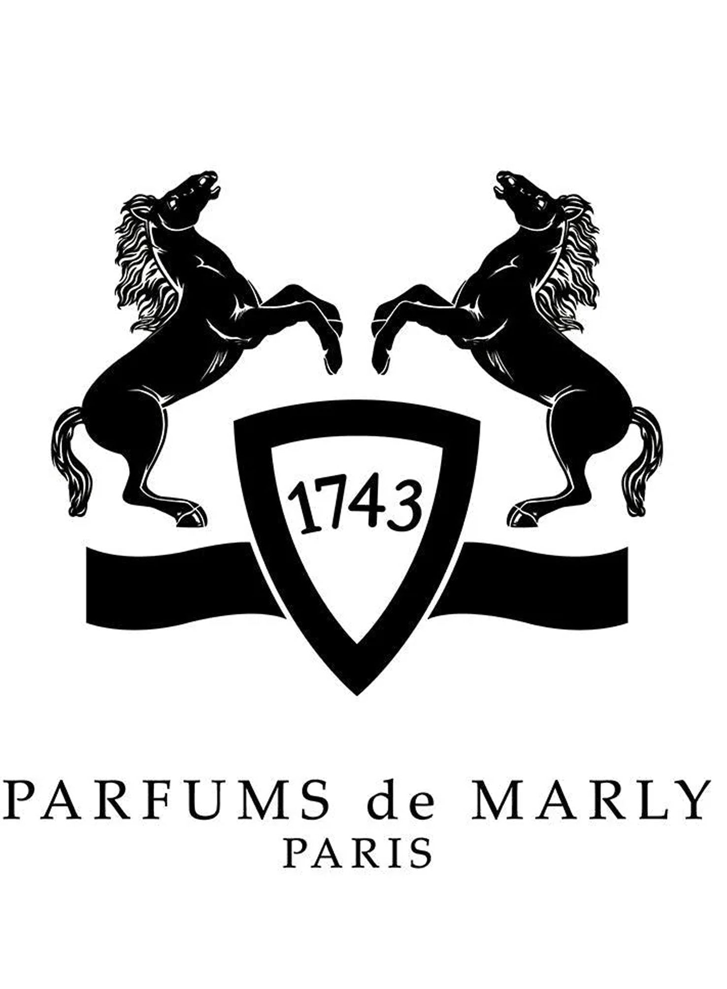 Het logo bevat "Parfums de Marly" in opvallende zwarte hoofdletters op een helderwitte achtergrond, die doet denken aan de elegante eenvoud van een parfumsample.