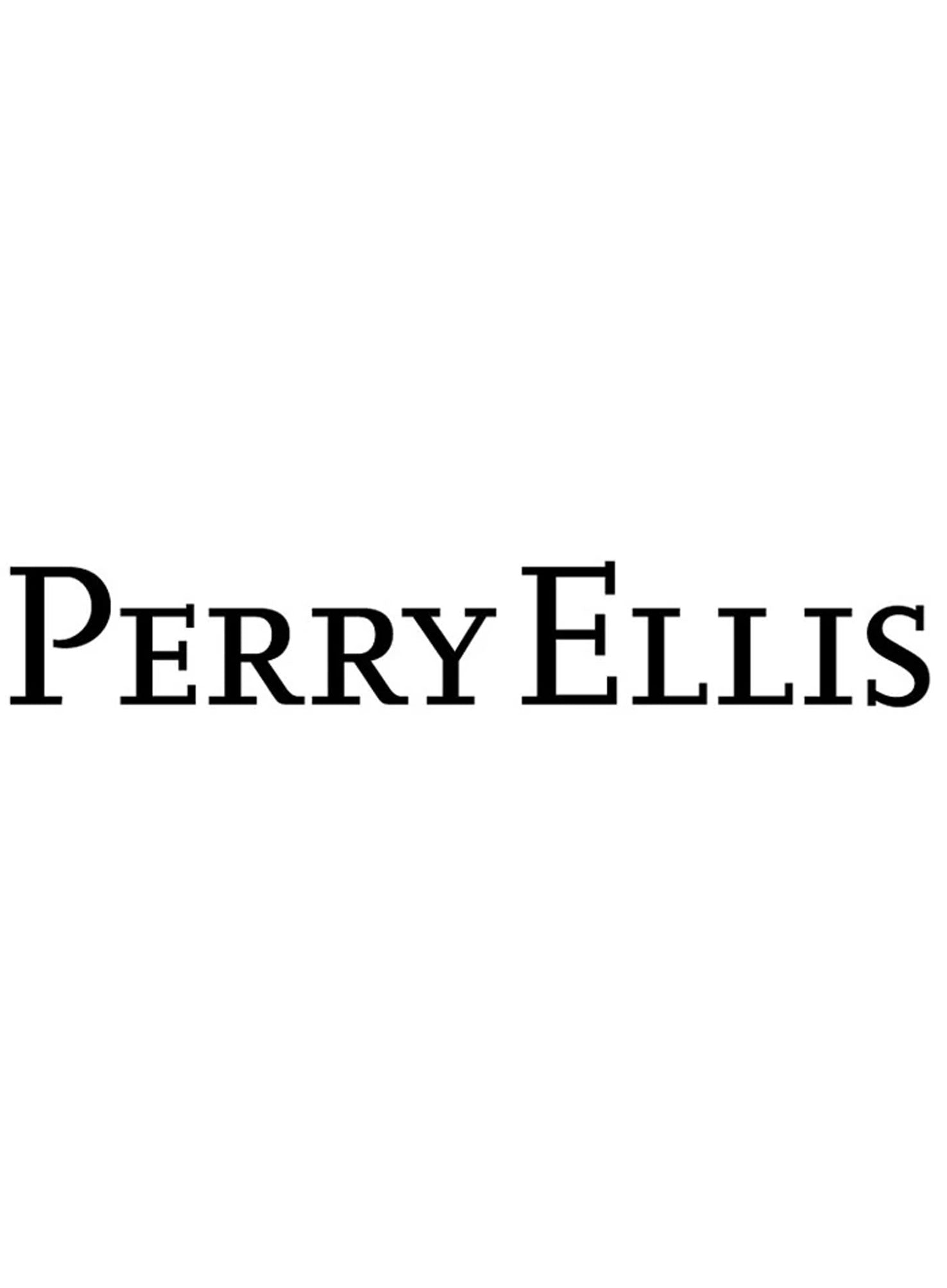 Het logo bevat "Perry Ellis" in opvallende zwarte hoofdletters op een helderwitte achtergrond, die doet denken aan de elegante eenvoud van een parfumsample.