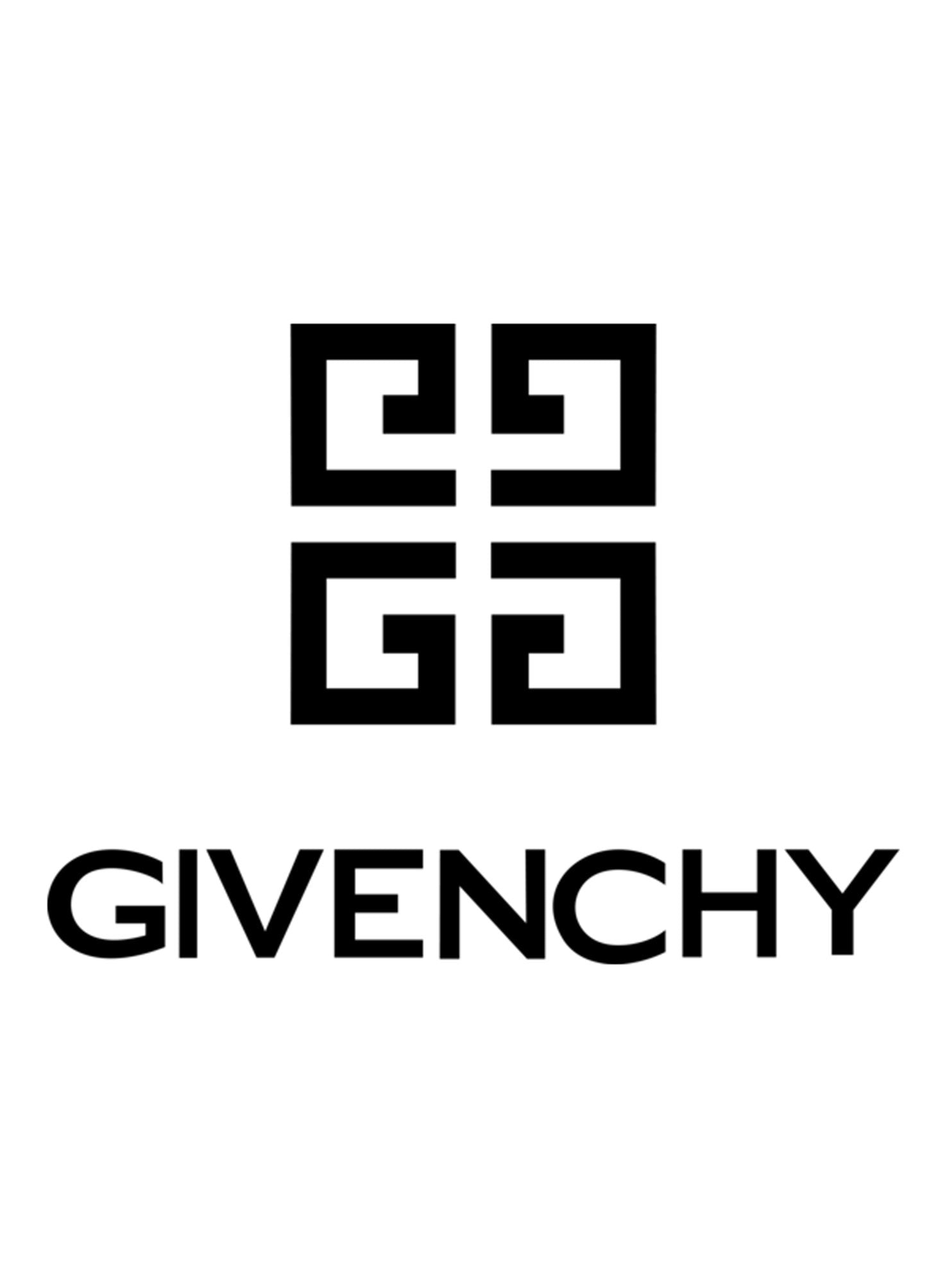 Het logo van "GIVENCHY" Parfums in opvallende zwarte hoofdletters met 4 ineen gevlochten letter G’s op een helderwitte achtergrond, die doet denken aan de elegante eenvoud van een parfumstaaltjes.