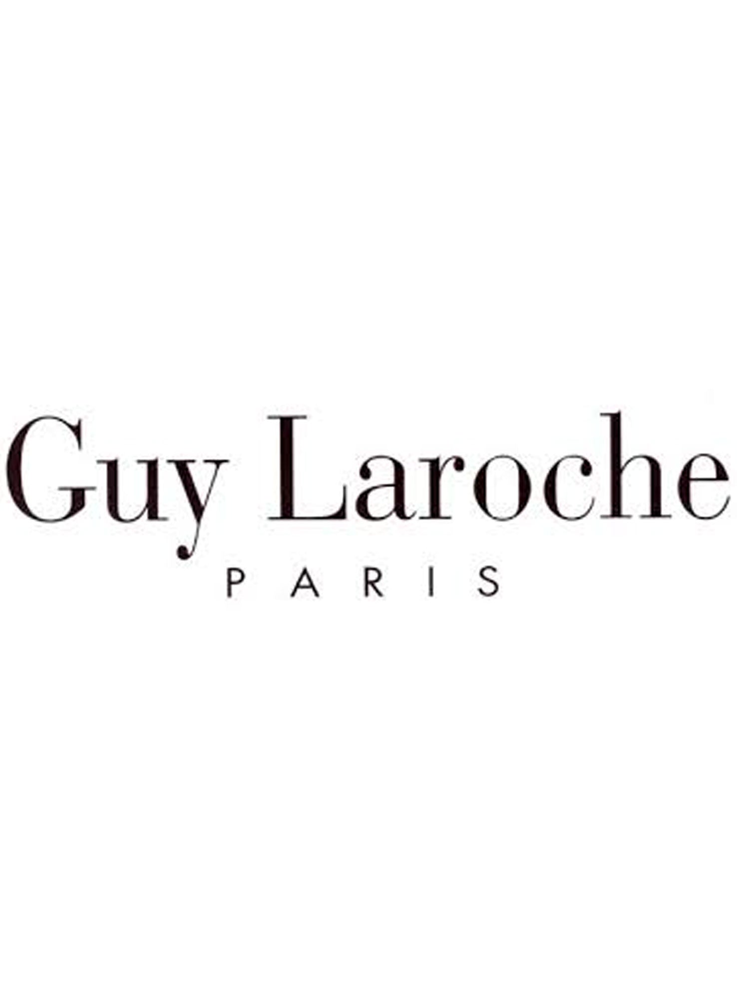 Het logo van "GUY LAROCHE" Parfums in opvallend sierlijke letters op een helderwitte achtergrond, die doet denken aan de elegante eenvoud van een parfumtester.